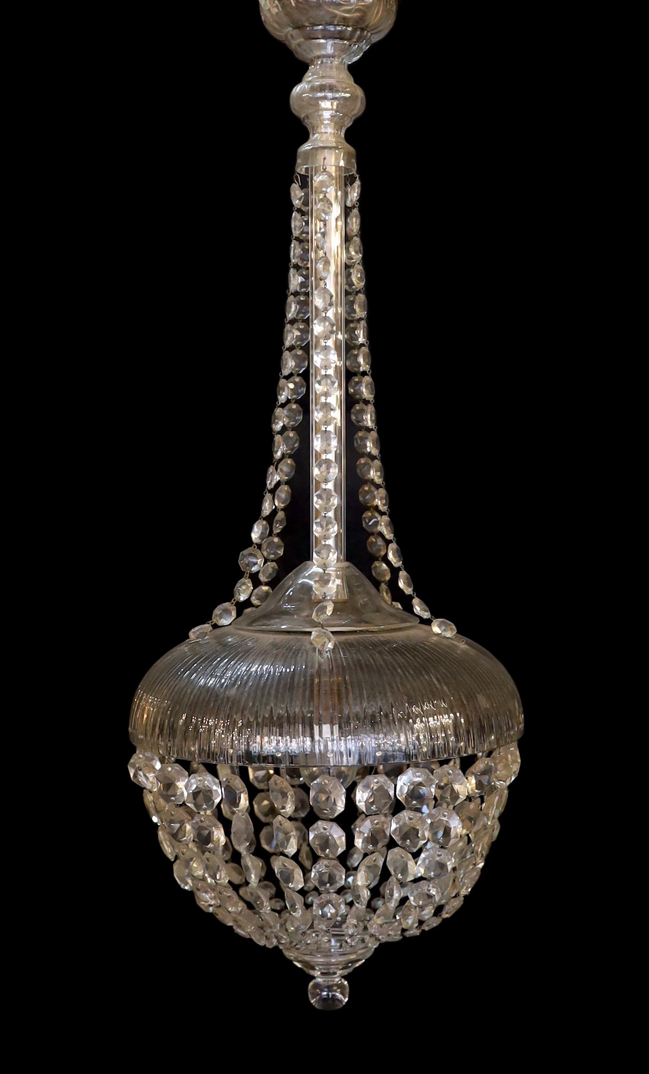 A 1920s-30s English cut glass bag chandelier hung with octagonal beaded drops, drop 76cm